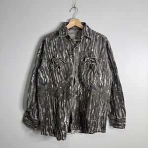 Black Duck Shirt Mens Large Brown Green Camo Hunting Button Front Made USA